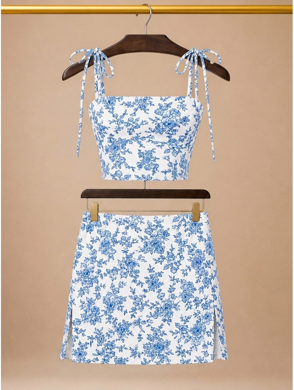 SHEIN Blue and White Floral Tie Shoulder Crop Top Mini Skirt 2 Piece Set- Med